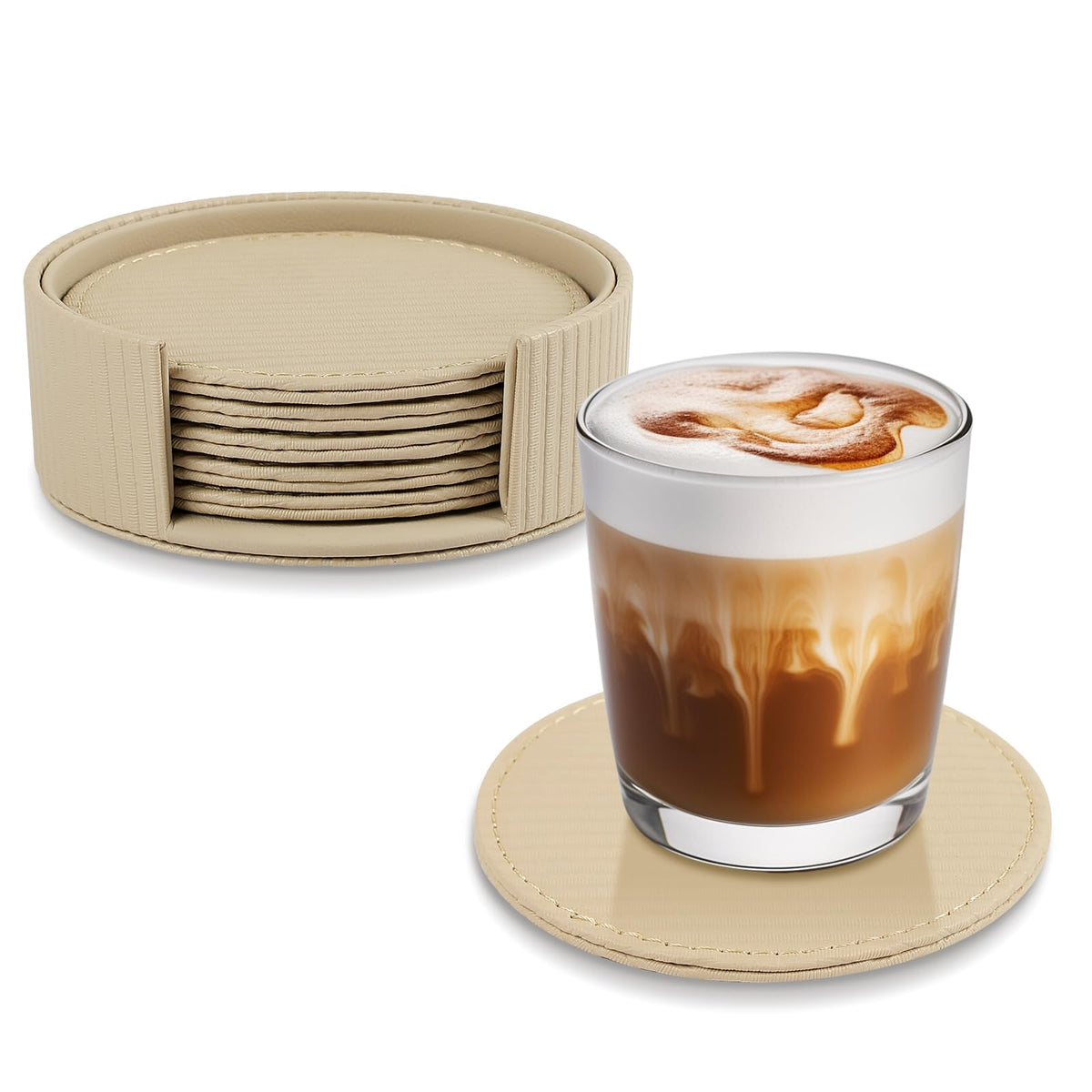 Leather Coasters Set of 6 with Holder, Tabletop Protection, Coffee Table & Bar Decoration, Modern-Style Drink Coasters Suitable for Home Dining Tables & Kitchen Accessories (Blue)