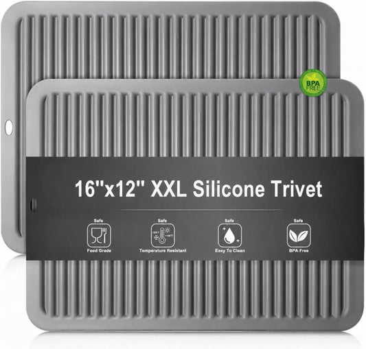 Extra Large Gray Silicone Trivet 16x12 Inch, Hot Pads for Kitchen-446°F Heat Resistant Hot Pads for Kitchen Counter,Pot Holders for Kitchen, 2 Pieces