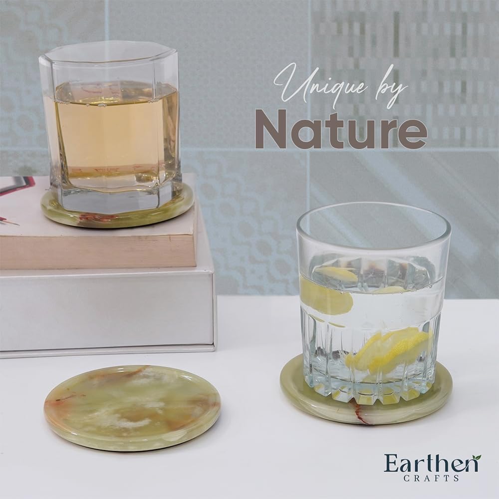 Earthen Crafts Marble Coasters Set of 6 with Holder & Lid Green Onyx 3.5 Inch Natural Marble Round Stone Drink Coasters for Coffee Table, Kitchen Counter, Tabletop & Home Decor