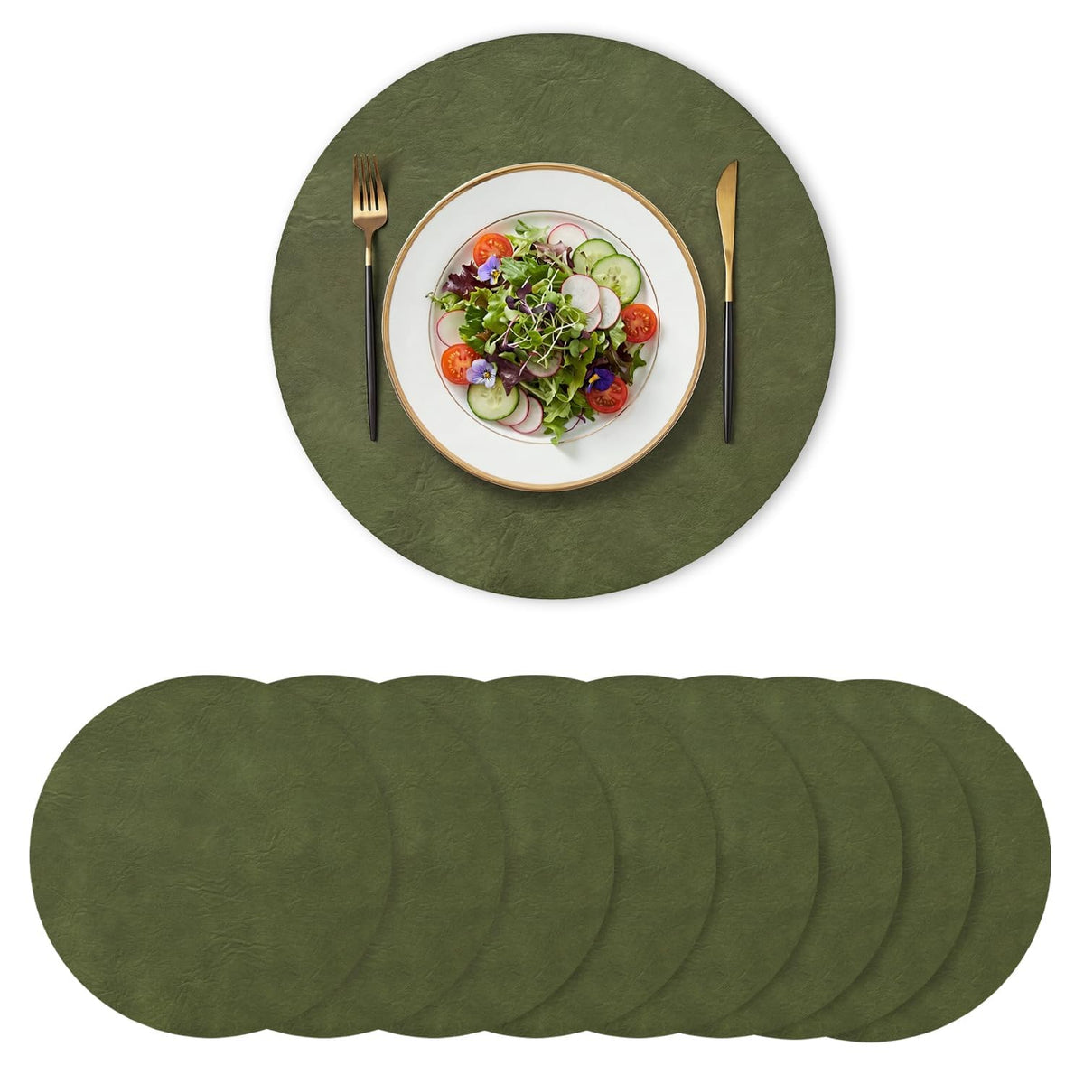 Artoid Mode Olive Green Faux Leather Placemats Set of 6, 15 Inch Waterproof Wipeable Heat Resistant Vinyl Place Mats, Reversible Table Mats for Kitchen Dining Decor