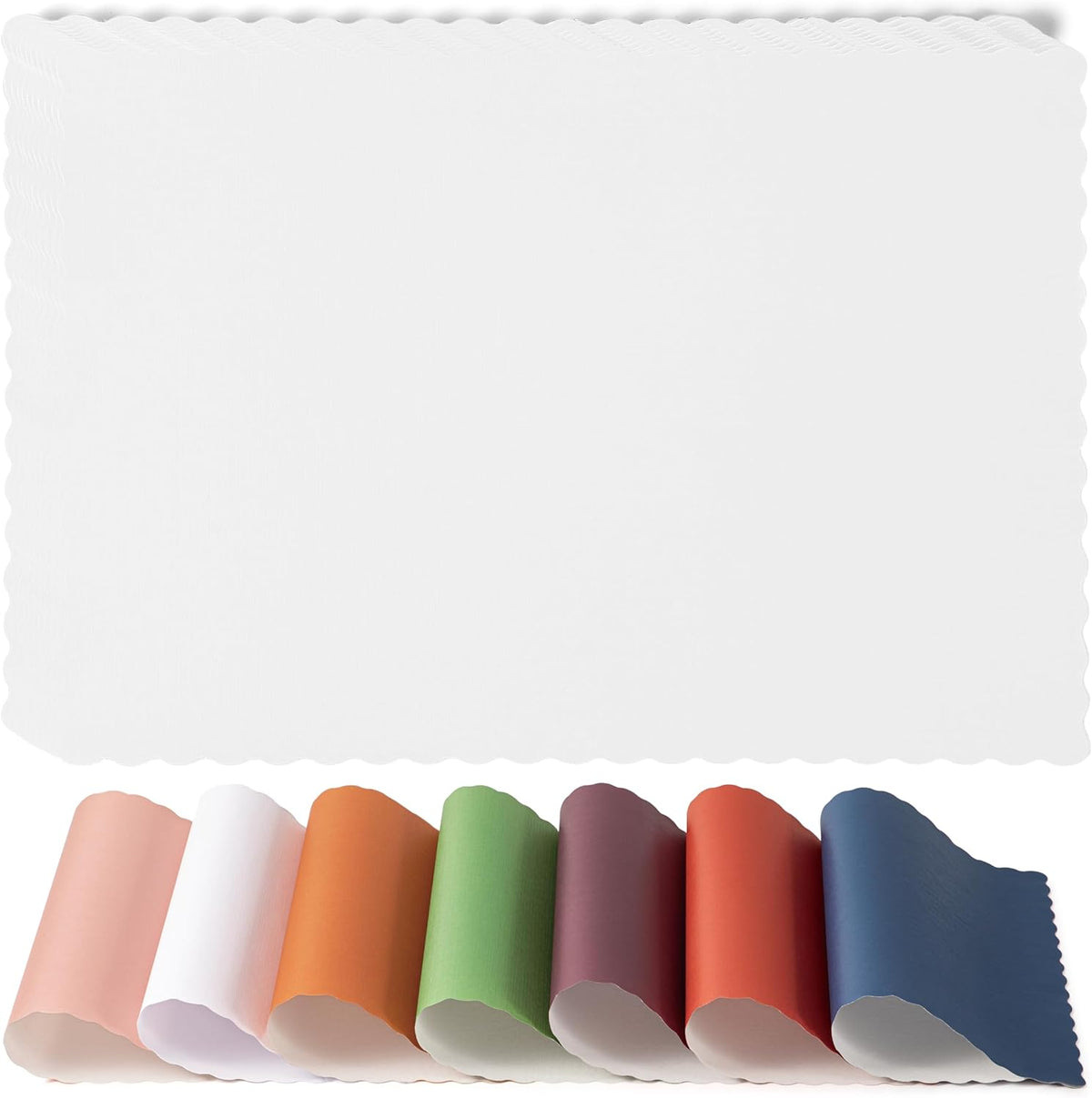 Fit Meal Prep 100 Pack Disposable Paper Placemats, 14 x 10 Inch White with Decorative Wavy Scalloped Edge for Restaurant Catering Dining Table, Baby Kids Birthday Parties