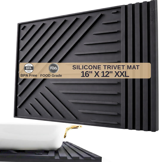 Large Silicone Trivet Mat 16 x 12in for hot pots and Pans - Non Slip & Heat Resistant Modern Kitchen Hot Pads for Table & Countertop - Trivet for Hot Dishes - Black