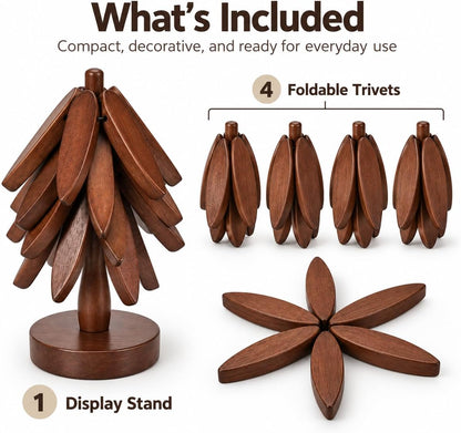 Wooden Trivet Tree for Hot Dishes, 4 Coasters with Holder, Walnut Finish