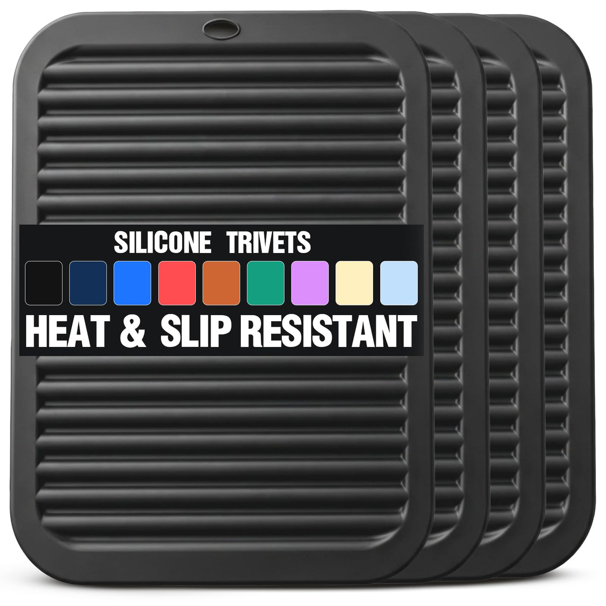 Silicone Trivets for Hot Pots and Pans - 2 Heat Resistant Pot Holders Silicone Trivet Mat Multipurpose Counter Pads (Black)