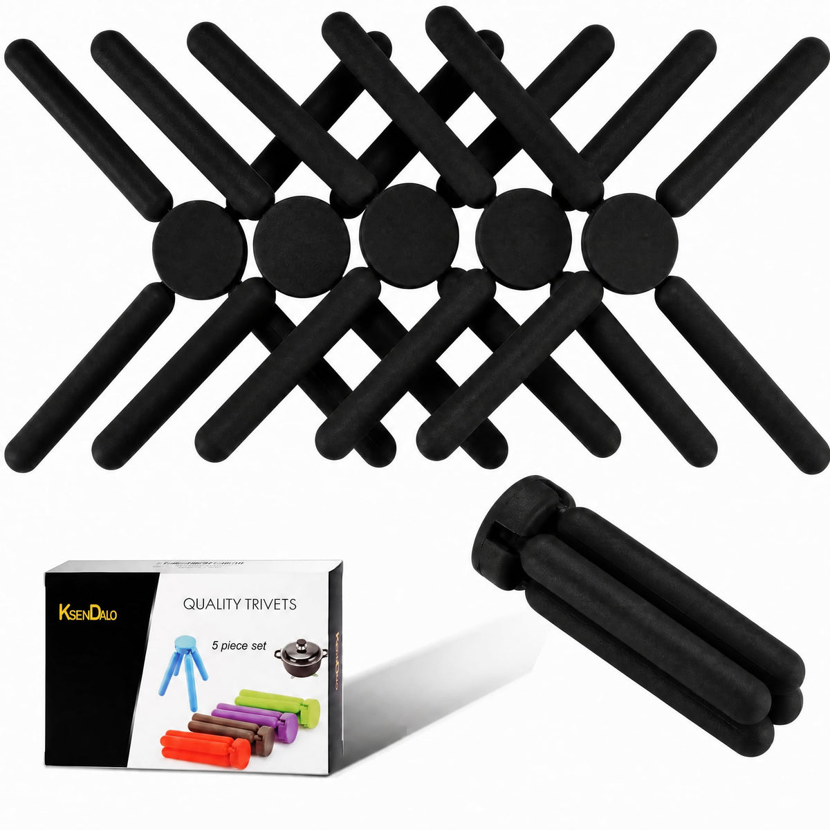 KSENDALO 5 Pack Thick Silicone Trivets for Hot Dishes Eco-Friendly Foldable Trivets for Hot Pots and Pans Folding Trivet Save Much Space for Kitchen Home, Multi-Color