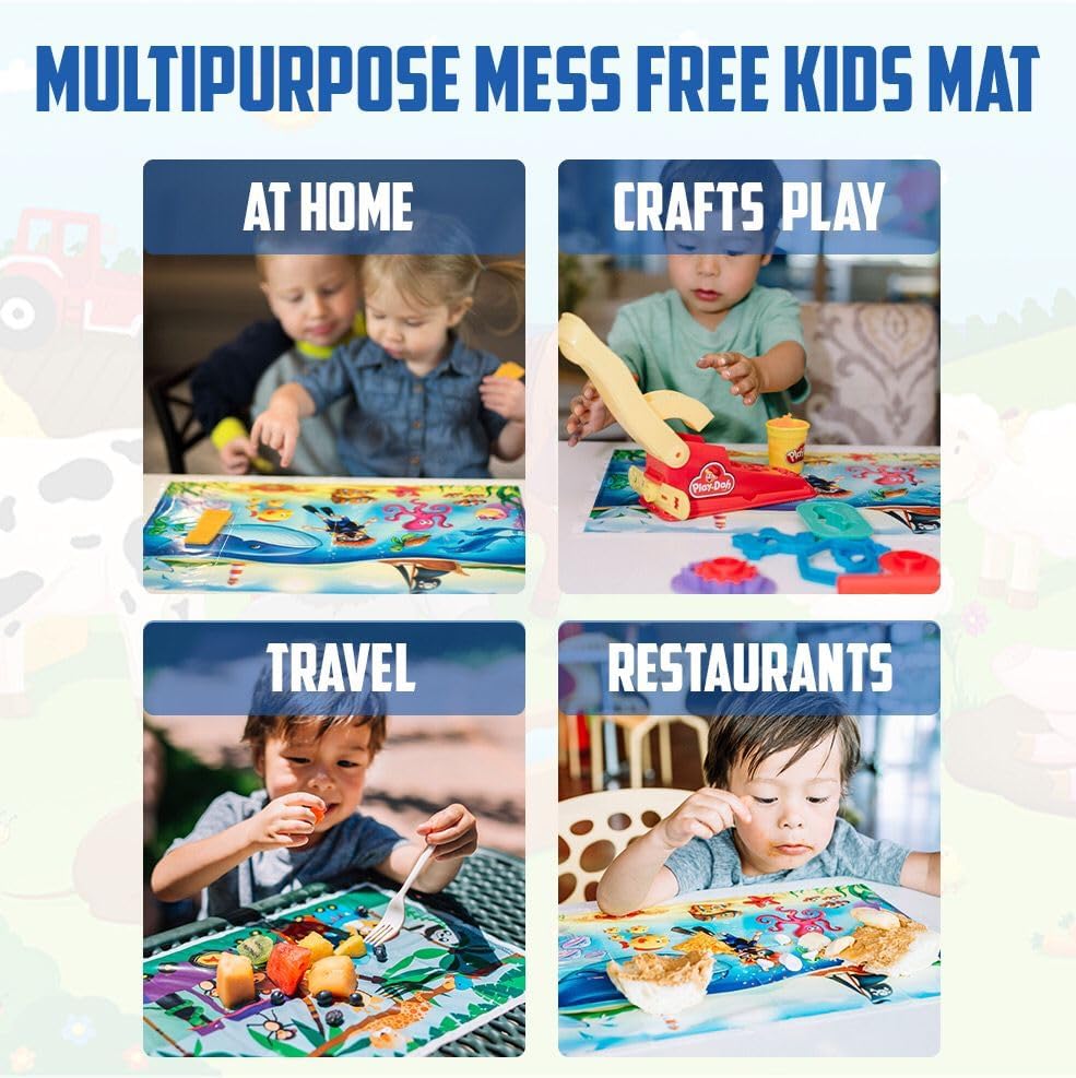 40 Pack Disposable Placemats for Baby, 3 Design Pack Baby Eating Mat, 12" x 18" Sticky Kids Placemat, Toddler Place mat for Restaurants, Plastic Kids Placemats for Dining Table