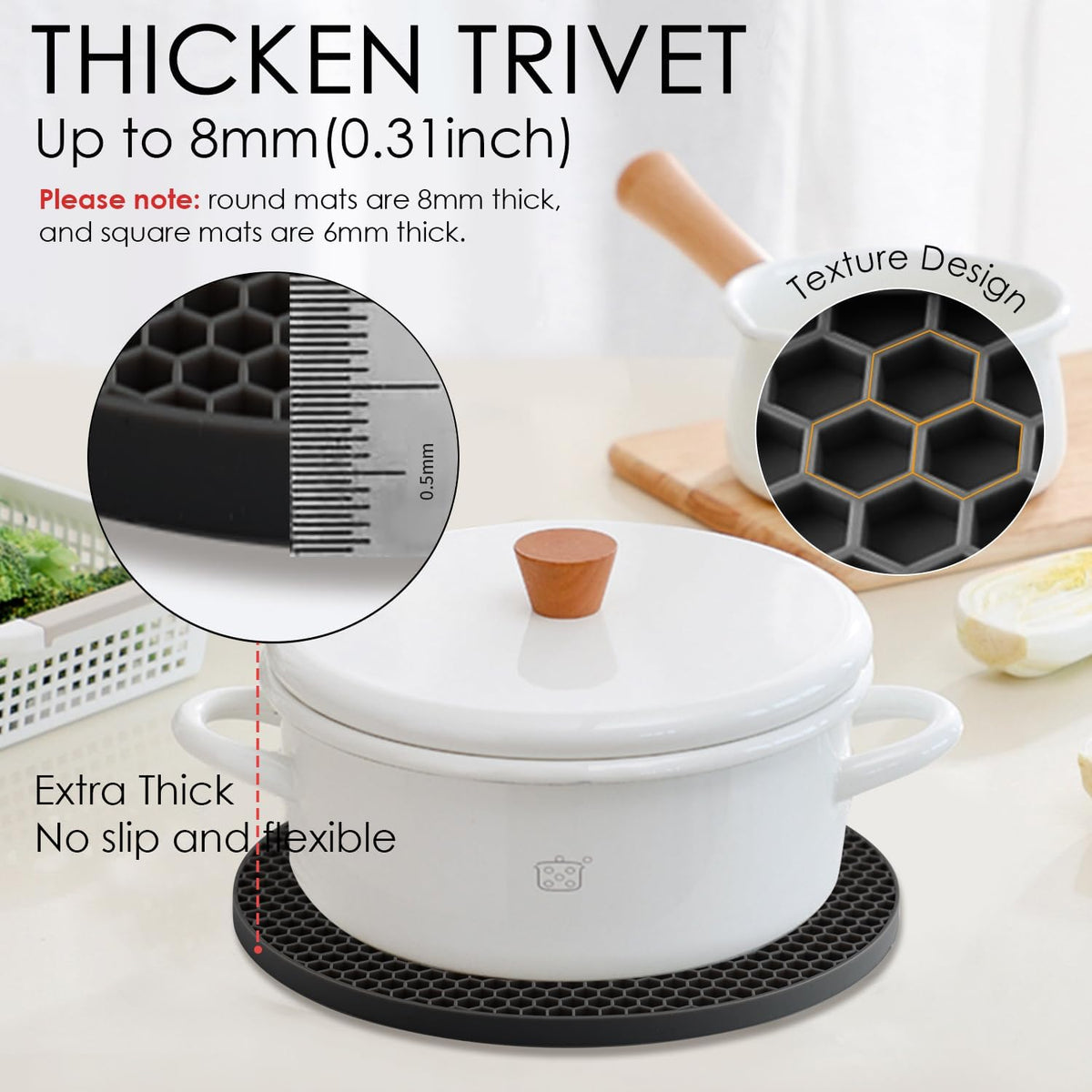 4 Pack Silicone Trivets for Hot Pots and Pans, Black Hot Pads Pot Holders, Non-Slip & Heat Resistant Silicone Mats for Kitchen Counter, Soft Durable Drying Mat, Jar Opener and Coasters, Black