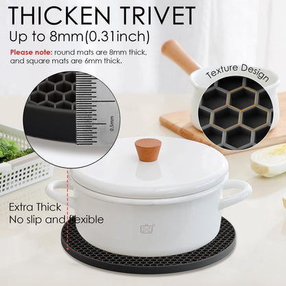 4 Pack Silicone Trivets for Hot Pots and Pans, Black Hot Pads Pot Holders, Non-Slip & Heat Resistant Silicone Mats for Kitchen Counter, Soft Durable Drying Mat, Jar Opener and Coasters, Black