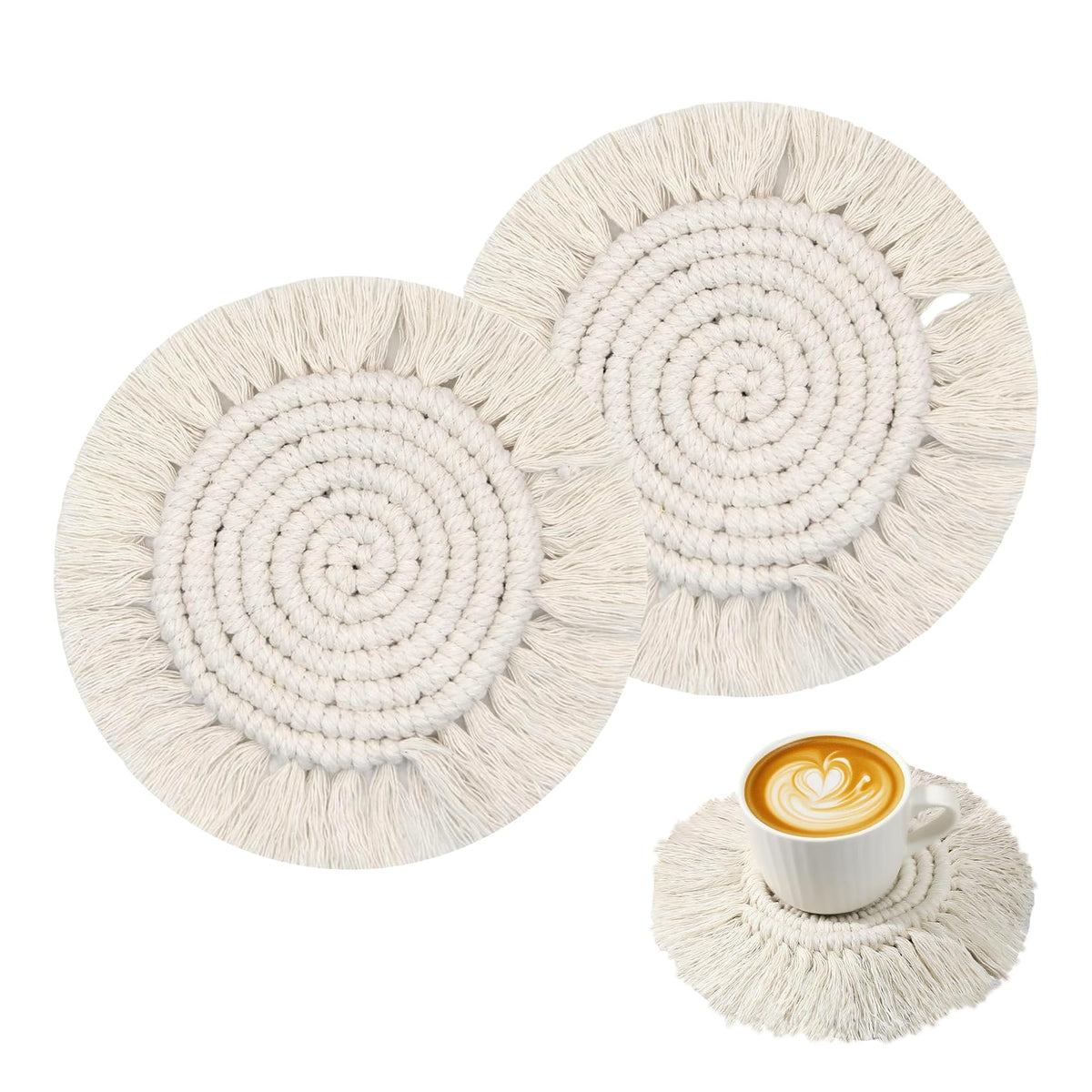 Boho Macrame Coasters Set of 2,Absorbent Coaster for Drinks, Round Handmade Woven Coasters for Boho Home Decor, CupCoasters for Office Desk, Kitchen, Dining Room, Bar (S-Beige(2pcs)/6.3in)