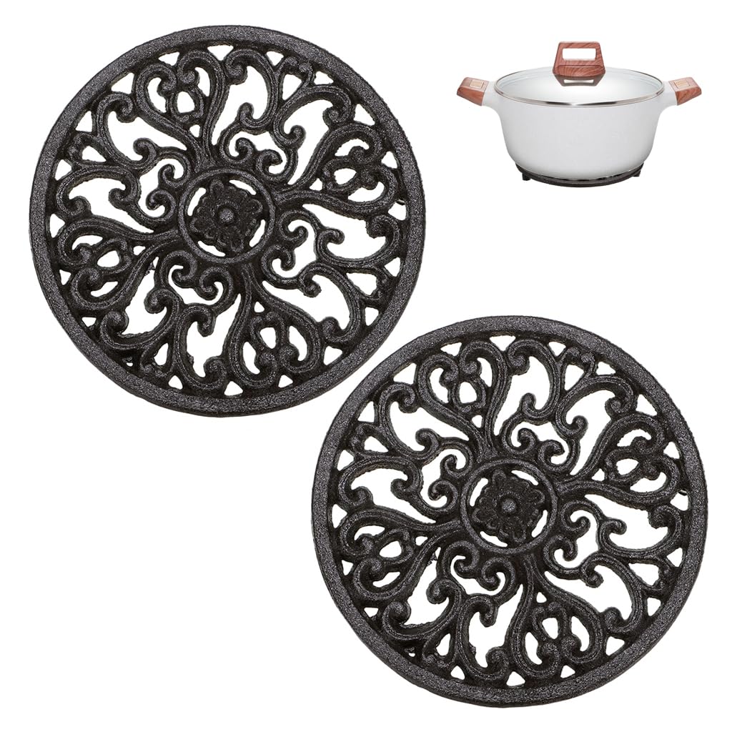 Sumnacon Cast Iron Trivet 2 Pcs 6.7 Inch Iron Trivet for Hot Dish Pot Pan Plate Teapot,Heat Resistant Cast Iron Trivets with Rubber Feets for Kitchen Dining Table Cooktop Stove,Retro Red