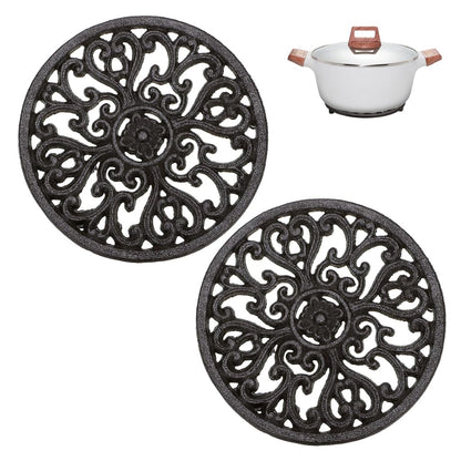 Sumnacon Cast Iron Trivet 2 Pcs 6.7 Inch Iron Trivet for Hot Dish Pot Pan Plate Teapot,Heat Resistant Cast Iron Trivets with Rubber Feets for Kitchen Dining Table Cooktop Stove,Retro Red