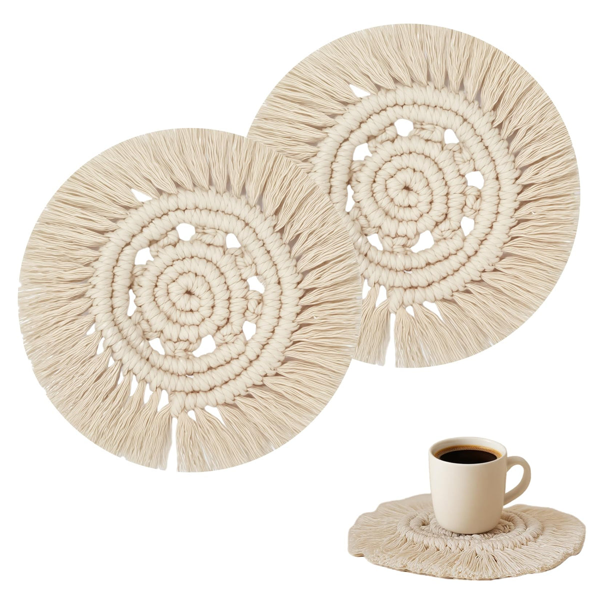 Boho Macrame Coasters Set of 2,Absorbent Coaster for Drinks, Round Handmade Woven Coasters for Boho Home Decor, CupCoasters for Office Desk, Kitchen, Dining Room, Bar (S-Beige(2pcs)/6.3in)