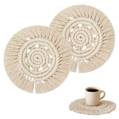Boho Macrame Coasters Set of 2,Absorbent Coaster for Drinks, Round Handmade Woven Coasters for Boho Home Decor, CupCoasters for Office Desk, Kitchen, Dining Room, Bar (S-Beige(2pcs)/6.3in)
