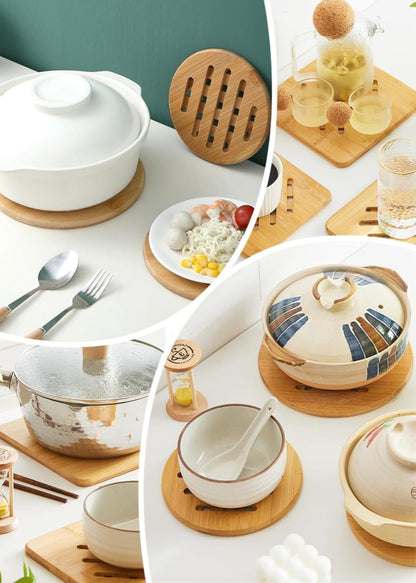Hot Pads Trivet,Table Solid Bamboo Wood Trivets for Hot Dishes and Pot with Non-Slip Pads Heat Resistant Pads Teapot Trivet 4pcs(Multi Size,2 Square 2 Round)