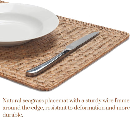 6 Pack Rectangular Woven Placemats, Rattan Wicker Table Mats, 17" x 12", Natural Seagrass Place Mats for Dining Table