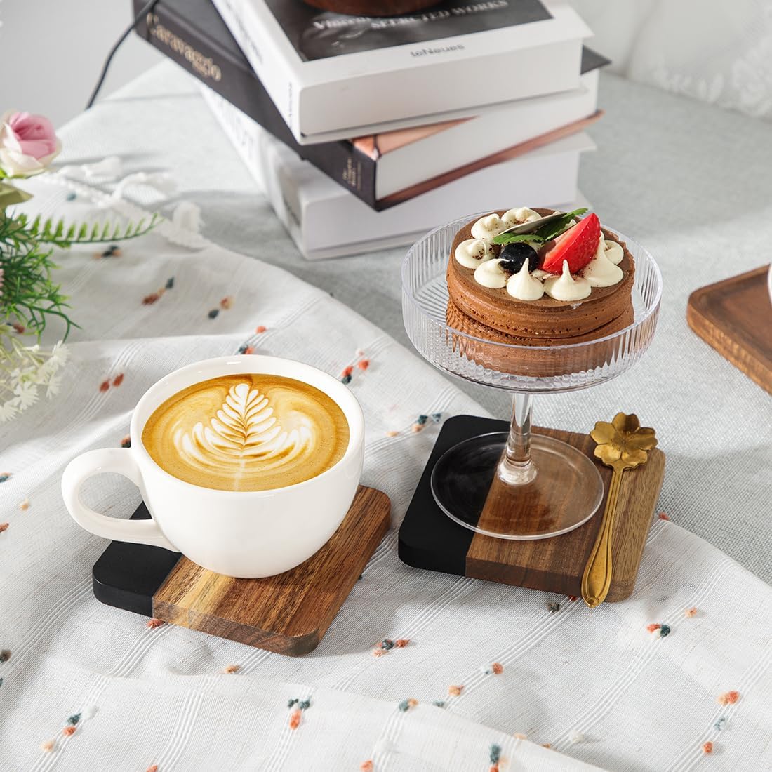 Acacia Wood Black Marble Coasters for Drinks Set of 4, Square Non-Slip Wooden Stone Coaster Coffee Table Accessories Manly Coaster for Men Coffee Table, Bar, Office - Rustic Modern Style