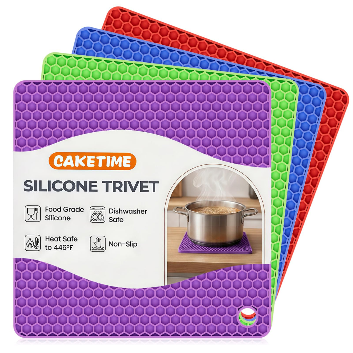 Silicone Trivets for Hot Dishes, 4-Pack Hot Pads for Kitchen Countertop Protector, Non-Slip Heat Resistant Mat for Hot Pots and Pans Food Grade Silicone Grey & Navy Blue