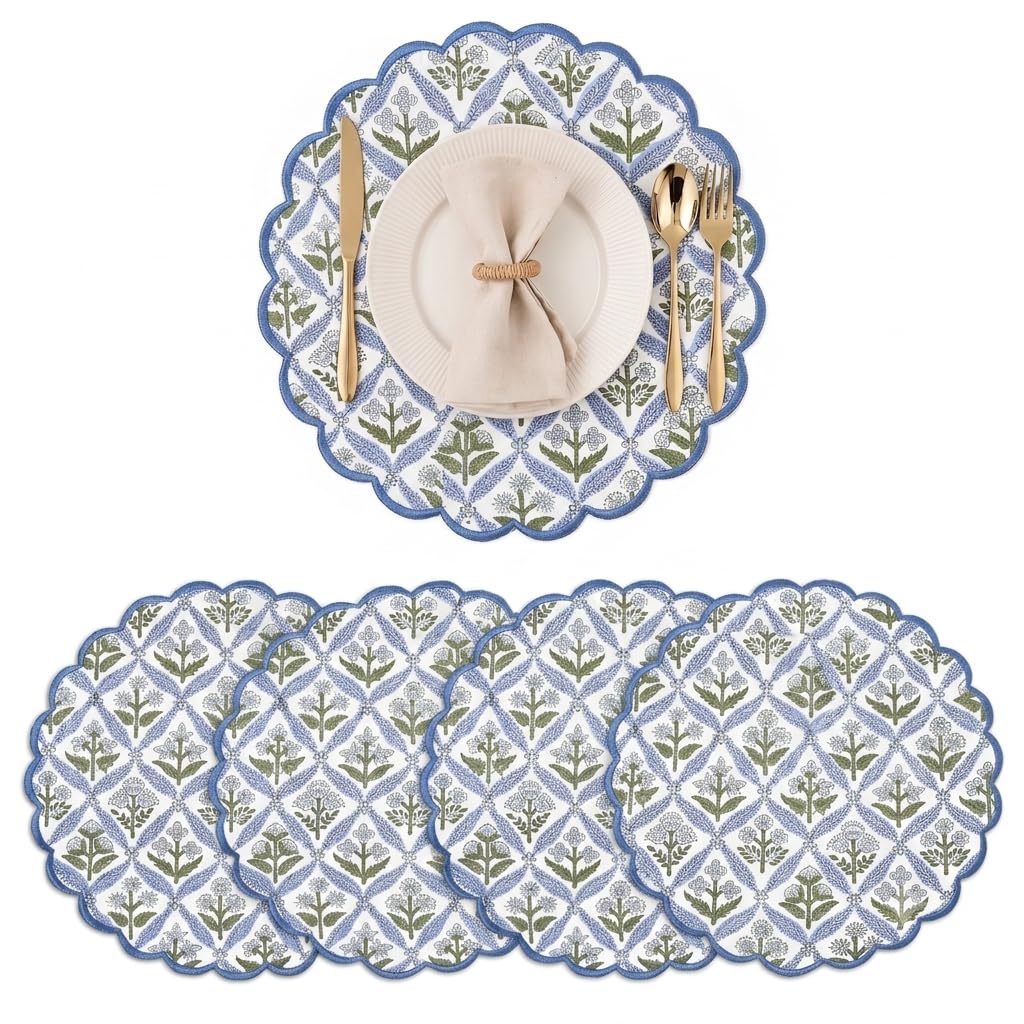 Ridhi Floral Block Print Round Placemats 15 Inch, Set of 4, Assorted Design