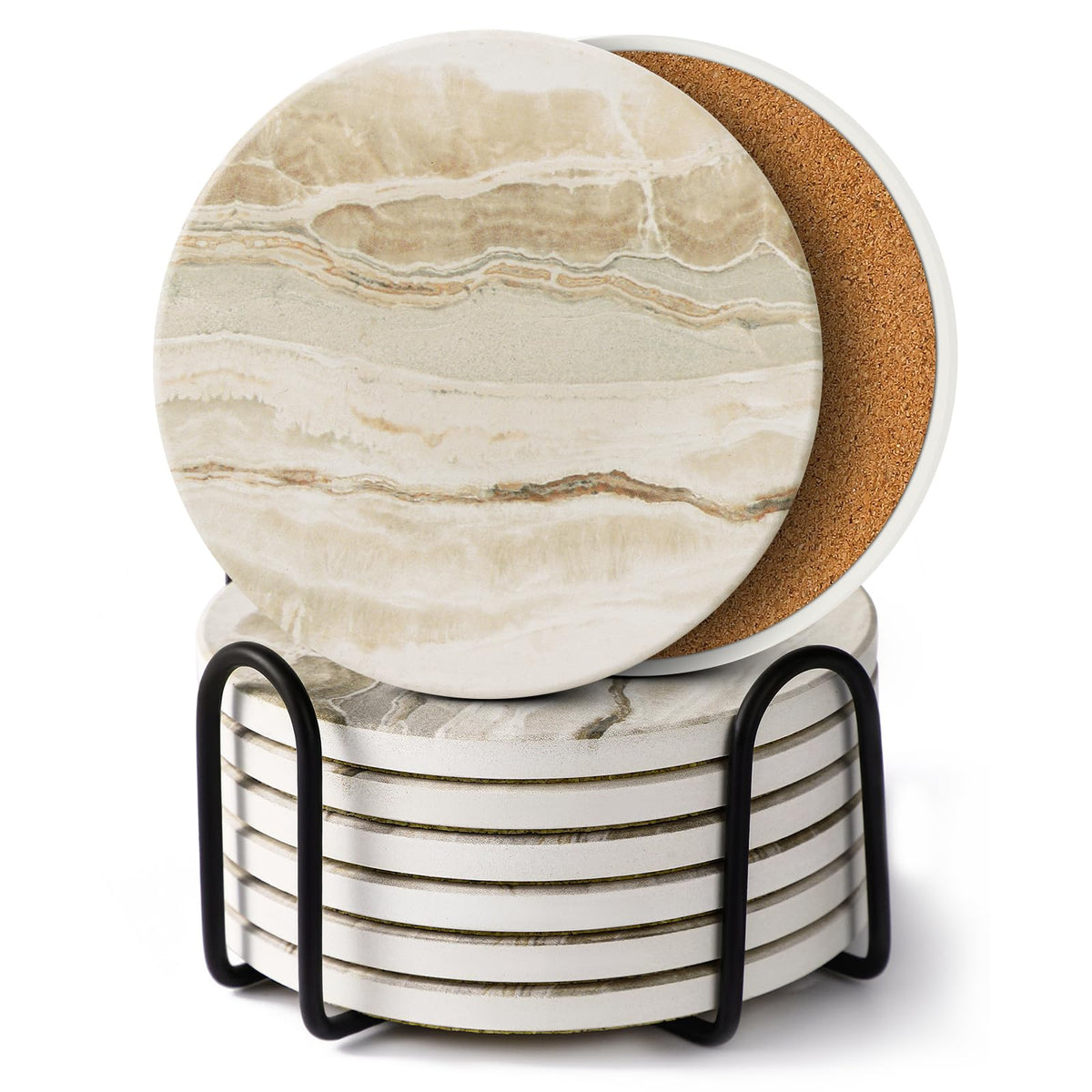 LIFVER Absorbent Coaster Sets of 4, Drink Coasters with Holder, White Marble Style Ceramic Drink Coaster for Tabletop Protection, Suitable for Kinds of Cups and Wooden Table, Cool Home Decor, 4 Inches