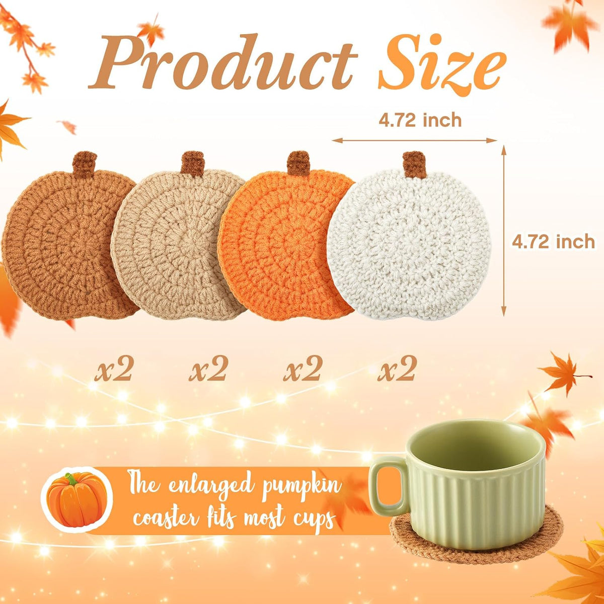 8 Pcs Fall Crochet Coasters, Orange,Brown,Terracotta,Beige, Pumpkin