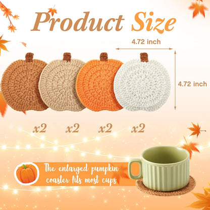 8 Pcs Fall Crochet Coasters, Orange,Brown,Terracotta,Beige, Pumpkin