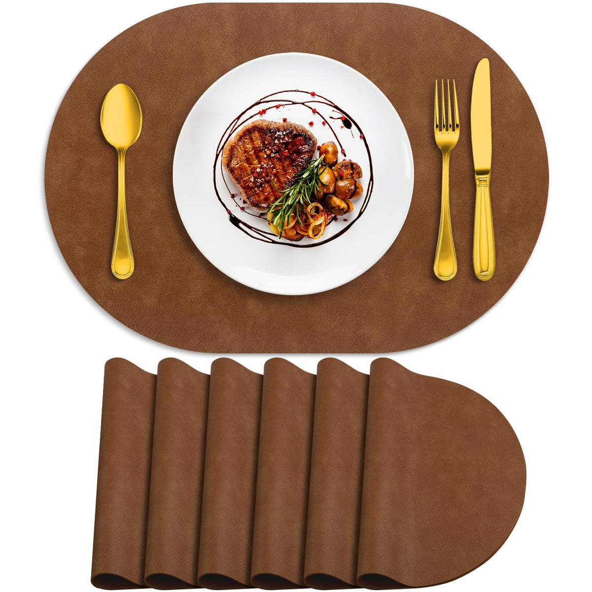 ADRIMER Faux Leather Placemats Set of 6, Heat Resistant 13"x13", Walnut