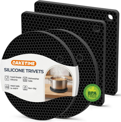 Silicone Trivets for Hot Dishes, Non-Slip Hot Pads for Kitchen Countertop Protector, Heat Resistant Mat for Hot Pots and Pans 4-Pack Food Grade Silicone Black