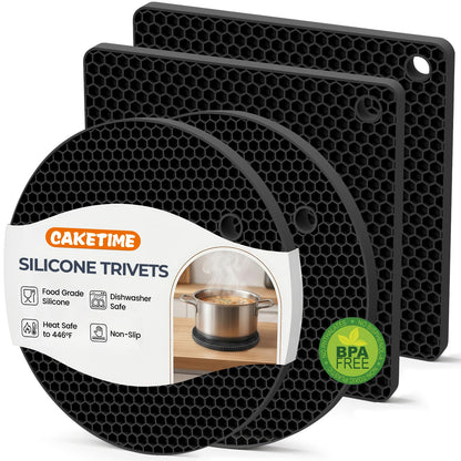 Silicone Trivets for Hot Dishes, Non-Slip Hot Pads for Kitchen Countertop Protector, Heat Resistant Mat for Hot Pots and Pans 4-Pack Food Grade Silicone Black