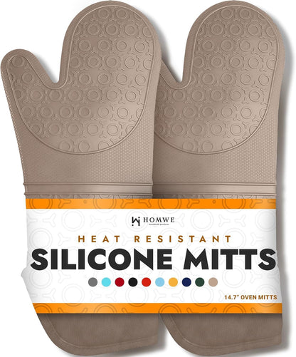 BPA-Free Soft Silicone 4 Piece Oven Mitts & Trivets Set - Ultra Heat Resistant Oven Mitts with Thick Cotton Liner - Long Slip Resistant Pot Holders, Flexible Oven Gloves - Black