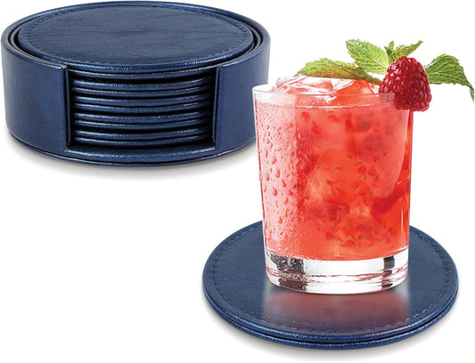 Leather Coasters Set of 6 with Holder, Tabletop Protection, Coffee Table & Bar Decoration, Modern-Style Drink Coasters Suitable for Home Dining Tables & Kitchen Accessories (Blue)