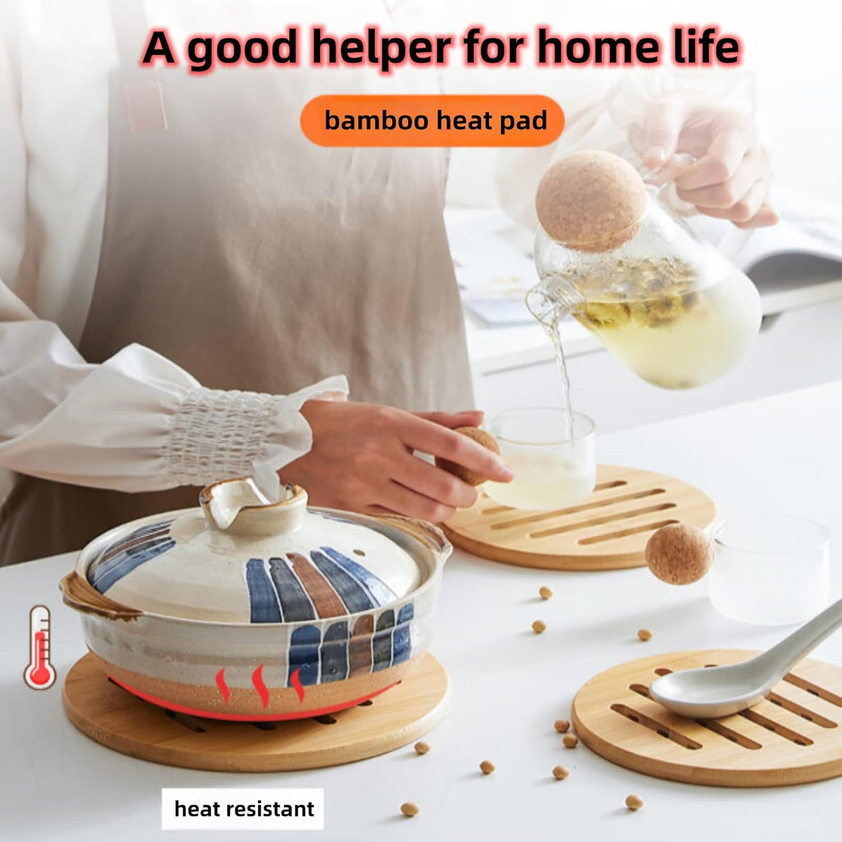 Hot Pads Trivet,Table Solid Bamboo Wood Trivets for Hot Dishes and Pot with Non-Slip Pads Heat Resistant Pads Teapot Trivet 4pcs(Multi Size,2 Square 2 Round)