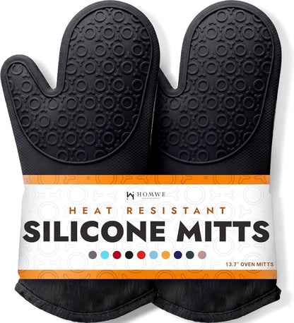BPA-Free Soft Silicone 4 Piece Oven Mitts & Trivets Set - Ultra Heat Resistant Oven Mitts with Thick Cotton Liner - Long Slip Resistant Pot Holders, Flexible Oven Gloves - Black