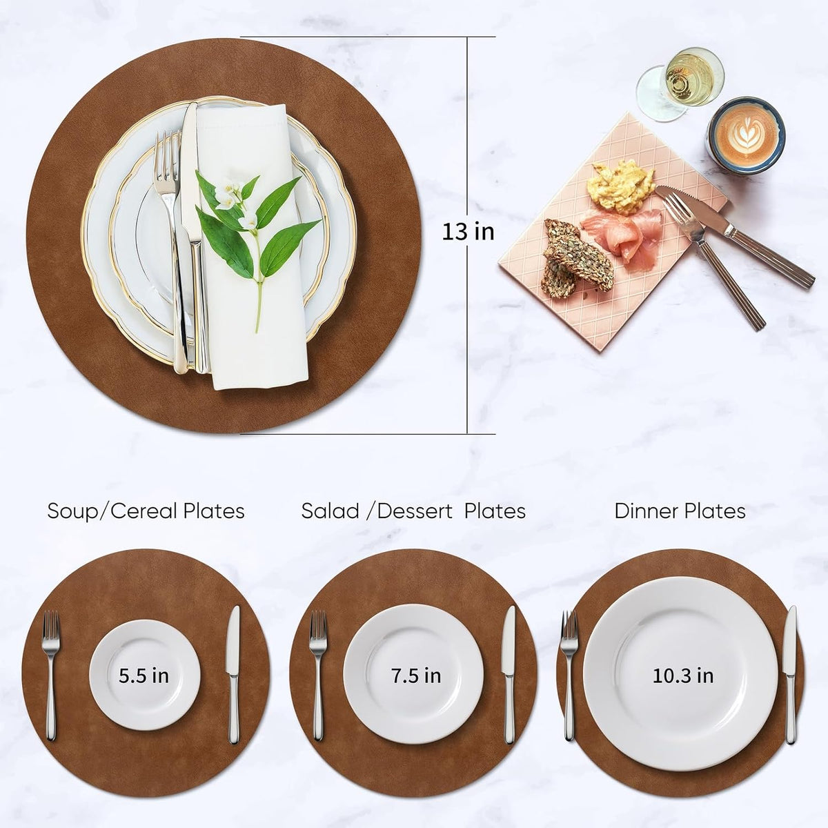 ADRIMER Faux Leather Placemats Set of 6, Heat Resistant 13"x13", Walnut