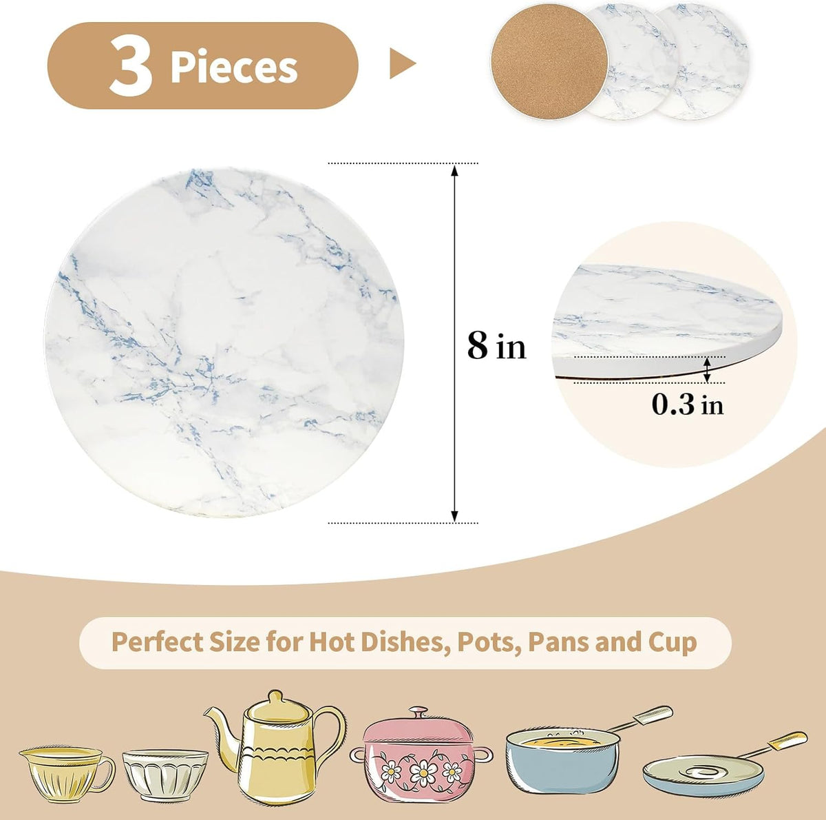 8 Inch Ceramic Trivets for Hot Pots & Pans, Marble Heat Resistant, Set of 3