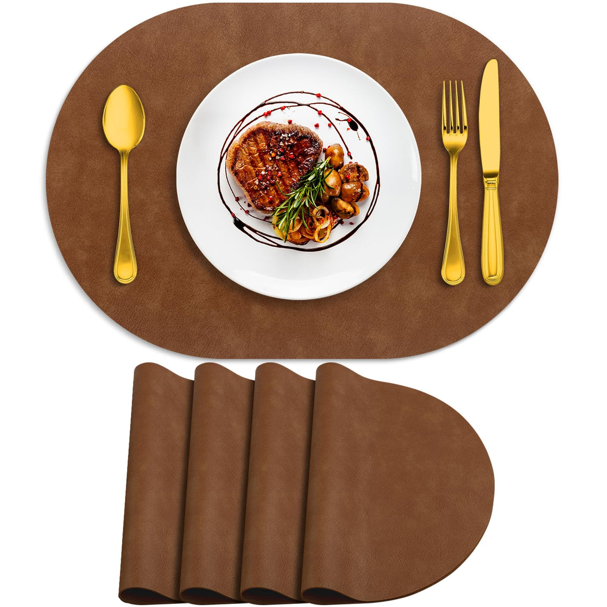 ADRIMER Faux Leather Placemats Set of 6, Heat Resistant 13"x13", Walnut