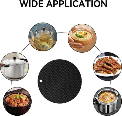 Silicone Trivet Mats,Heat Resistant Pot Holders, Multipurpose Non-Slip Hot Pads for Kitchen Potholders, Hot Dishers, Jar Opener, Spoon Holder, Food Grade Silicone(Black Size Round 7''x7'')