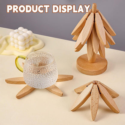 Natural Foldable Black Walnut Wooden Trivet Set - 4 Trivets + 1 Stand for Hot Dishes, Pot, Bowl, Teapot, Hot Pot Holders(Brown)