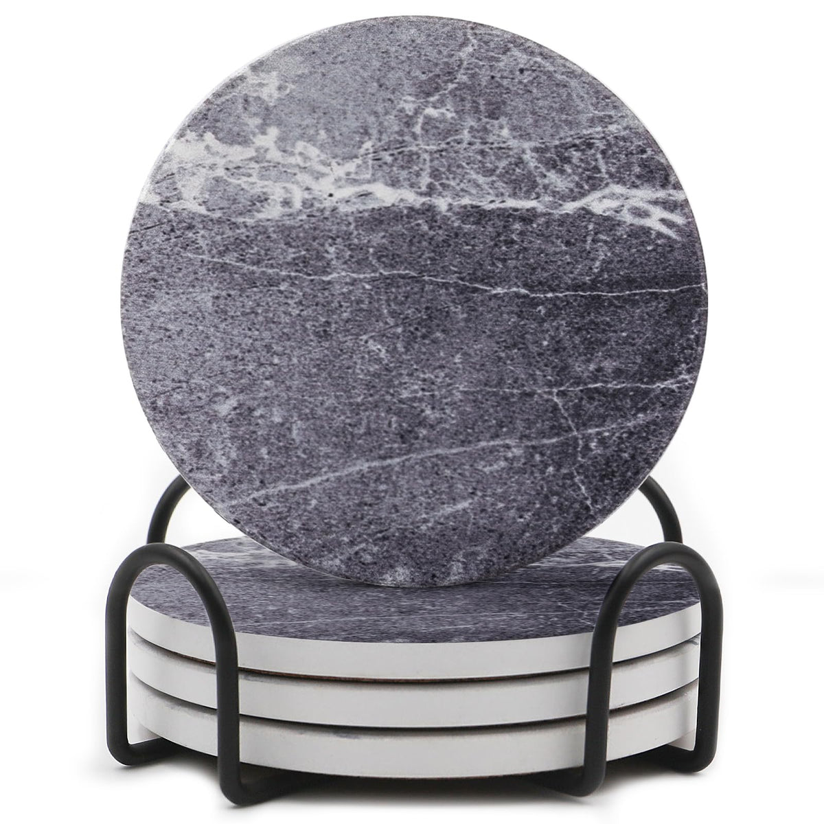 LIFVER Absorbent Coaster Sets of 4, Drink Coasters with Holder, White Marble Style Ceramic Drink Coaster for Tabletop Protection, Suitable for Kinds of Cups and Wooden Table, Cool Home Decor, 4 Inches