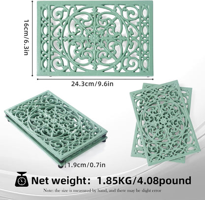 Notakia 9.6 x 6.3 Inch Cast Iron Trivet Set, Large Metal Trivets for Hot Dishes Pots Pans Decorative Kitchen Trivets, Heat-Resistant Trivet Mats for Quartz Countertops, Green Kitchen Accessories