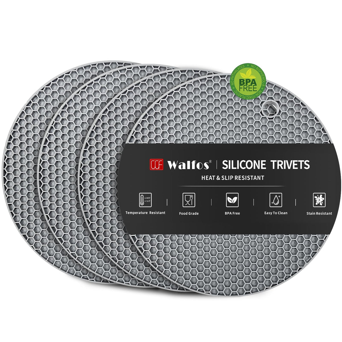 Walfos Silicone Trivets for Hot Pots and Pans - 446°F Heat Resistant Hot Pads for Kitchen Counter- 4 Pcs Multi-Purpose & Versatile Trivet Mat - Long-Lasting & Flexible Silicone Hot Pad（Black）