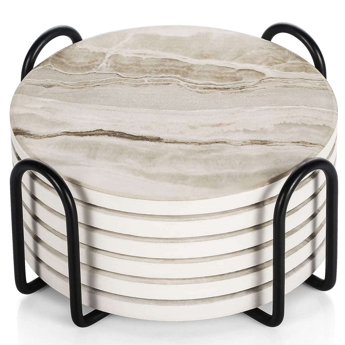 LIFVER Absorbent Coaster Sets of 4, Drink Coasters with Holder, White Marble Style Ceramic Drink Coaster for Tabletop Protection, Suitable for Kinds of Cups and Wooden Table, Cool Home Decor, 4 Inches