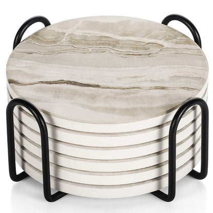 LIFVER Absorbent Coaster Sets of 4, Drink Coasters with Holder, White Marble Style Ceramic Drink Coaster for Tabletop Protection, Suitable for Kinds of Cups and Wooden Table, Cool Home Decor, 4 Inches