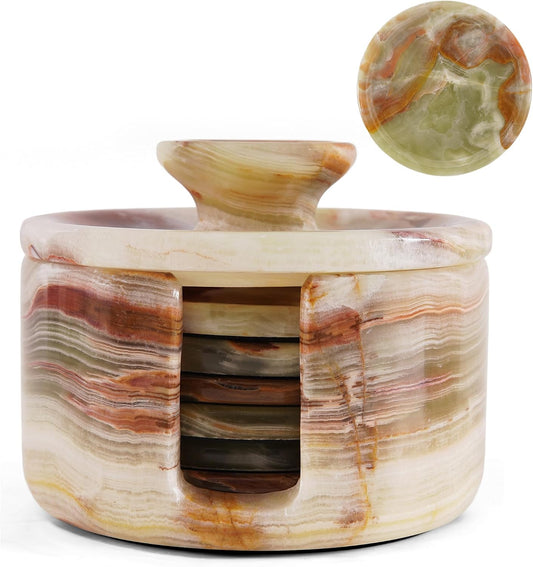 Earthen Crafts Marble Coasters Set of 6 with Holder & Lid Green Onyx 3.5 Inch Natural Marble Round Stone Drink Coasters for Coffee Table, Kitchen Counter, Tabletop & Home Decor