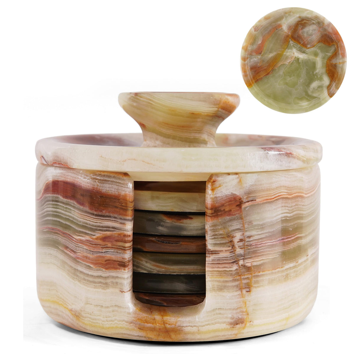 Earthen Crafts Marble Coasters Set of 6 with Holder & Lid Green Onyx 3.5 Inch Natural Marble Round Stone Drink Coasters for Coffee Table, Kitchen Counter, Tabletop & Home Decor