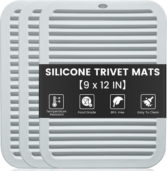 TOPULORS 3 PCS Silicone Trivets for Pots and Pans 9"x12" Heat Resistant Mat Hot Pads for Kitchen Quartz Countertops - Dish Drying Mat Non-Slip Potholders Pot Holders Trivets for Hot Dishes - Gray