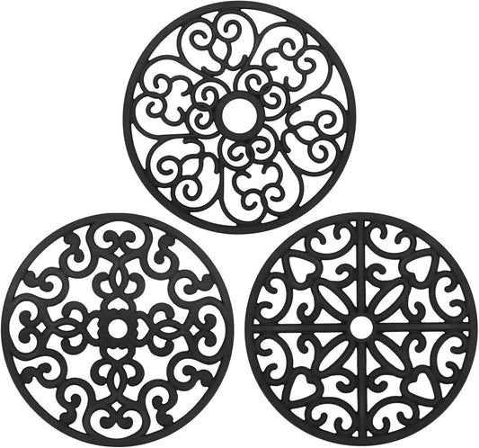 CHEFBEE 3PCS Heat Resistant Silicone Trivet Mats for Hot Dishes, Black