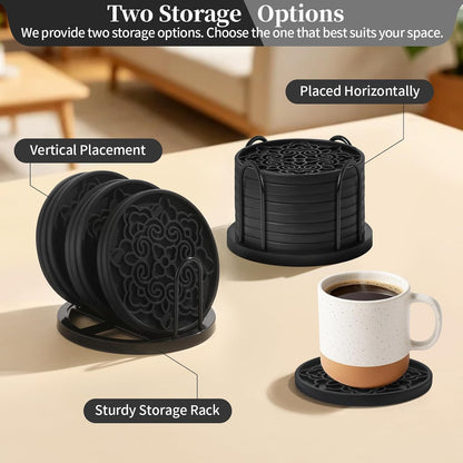 8 Pack 4 Inch Silicone Coasters Set with Holder,Non-Slip, Suitable for Dining Tables, Kitchens, Offices, Bars,Outdoor Camping.Protect Furniture from Water Stains and Heat Damage(8, Black)