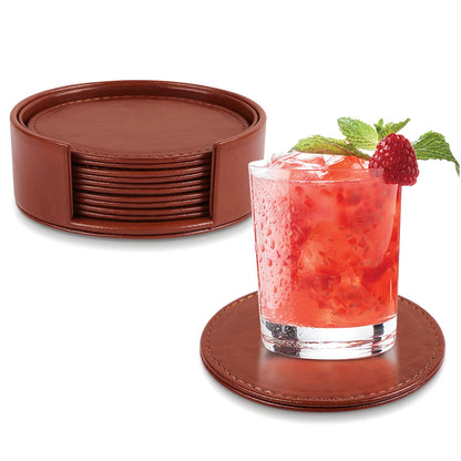 Leather Coasters Set of 6 with Holder, Tabletop Protection, Coffee Table & Bar Decoration, Modern-Style Drink Coasters Suitable for Home Dining Tables & Kitchen Accessories (Blue)