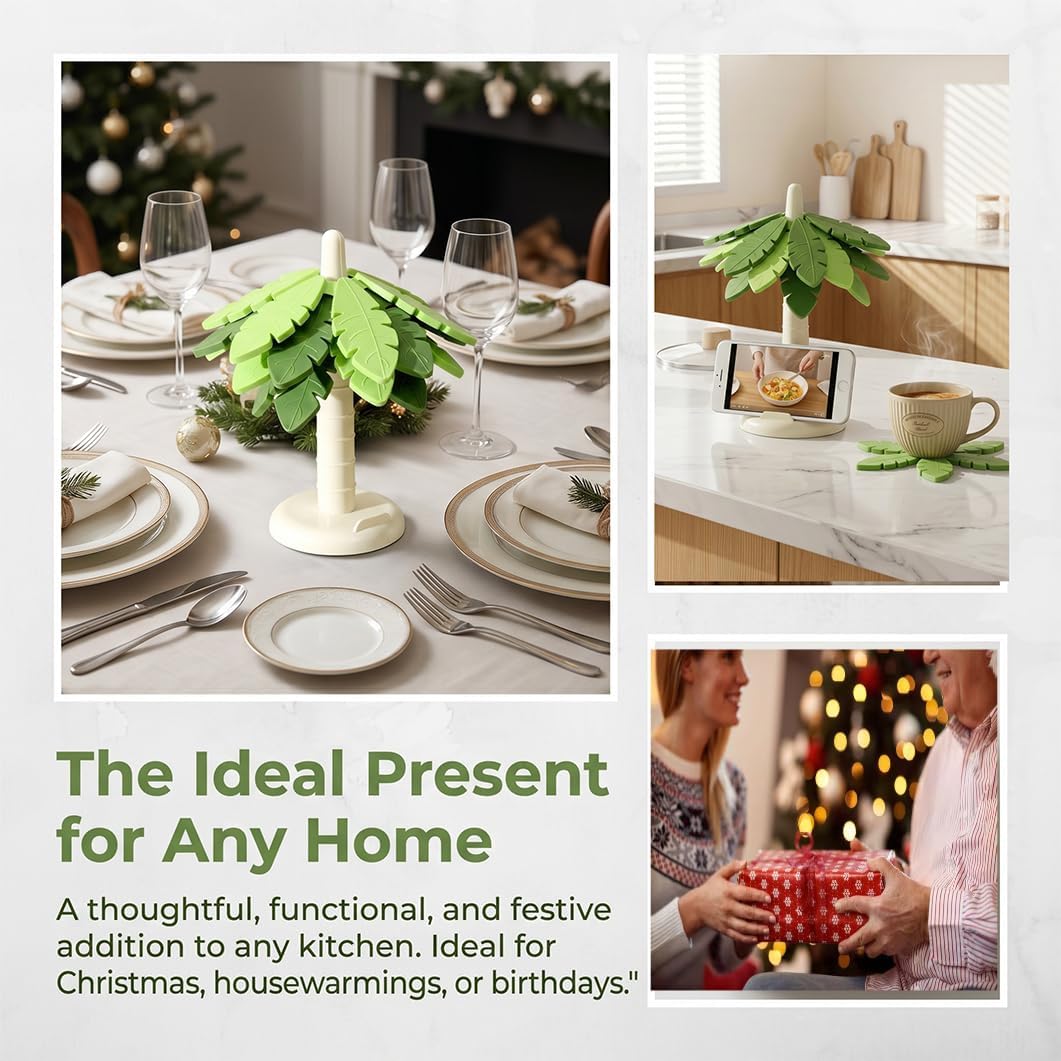 Silicone Trivets for Hot Dishes and Pans, Heat Resistant Tree-Shaped Pot Holders (Set of 4) BPA Free, Non-Slip Kitchen Trivet Mats, Elegant Christmas Design for Countertops & Dining Tables Green