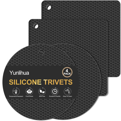 4 PCS Silicone Trivets for Hot Pots and Pans, Hot Dishers, Heat Resistant Pot Holders for Kitchen, Multipurpose Non-Slip Hot Pads Mats Coasters for Kitchen Countertop Protector, Table, Black
